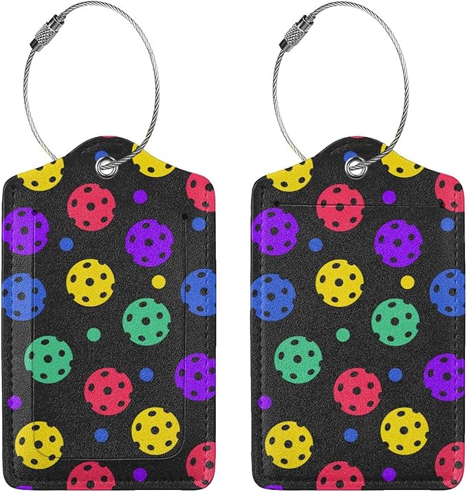 Pickleball Luggage Tags Set of 2 Leather Stainless Steel Loop Label Tag for Travel Bag Suitcase