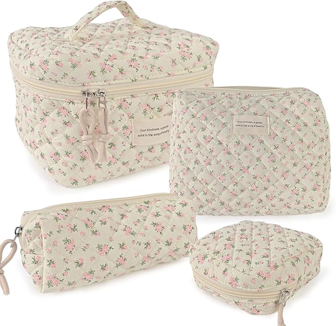 Cute Makeup Bag for Women(2 Pcs), Travel Cosmetic Bags, Quilted Coquette Aesthetic Floral Toiletry Organizer Bag (46 - PinkMuDan)