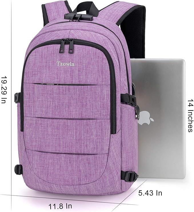 Tzowla Travel Laptop Backpack Water Resistant Anti-Theft Bag with Giant Tumbler Holder Pocket and Lock 15.6 Inch Computer Business Backpacks for Women Men Work College Gift,Casual Daypack(Purple)