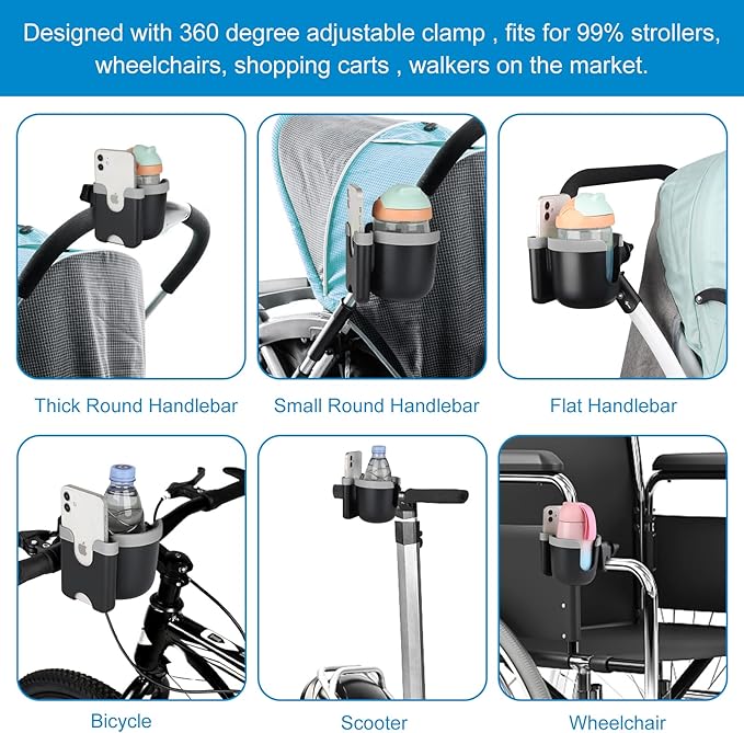 Accmor Stroller Cup Holder with Phone Holder, Bike Cup Holder, Universal Cup Holder for Uppababy Nuna Doona Strollers, 2-in-1 Cup Phone Holder for Stroller Bike Wheelchair Walker Accessory