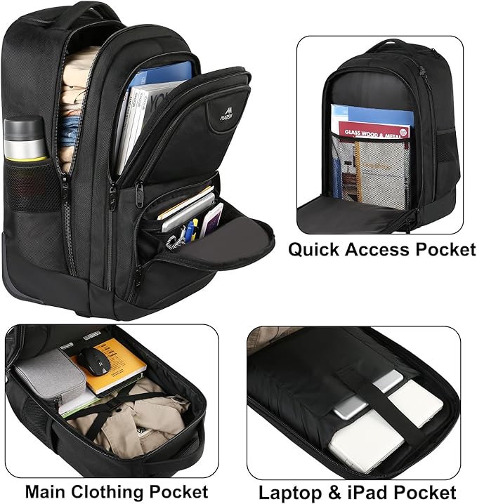 MATEIN Rolling Backpack, 17 inch Water Resistant Wheeled Laptop Backpack, Carry on Luggage Business Bag, Overnight College Computer Bag Trolley Suitcase for Men Women Adults to Travel, Black