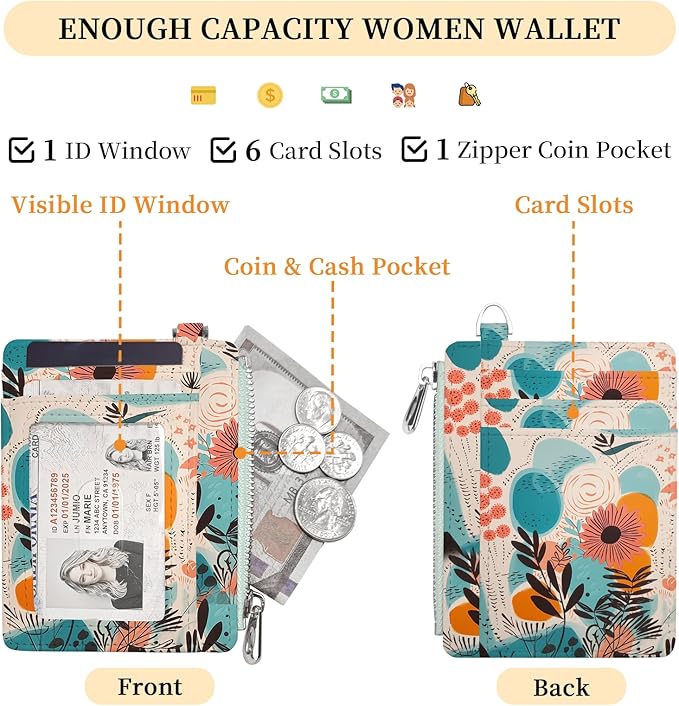 Hancynir Boho Abstract Floral Flower Small Wallet Women Credit Card Holder, Slim RFID Blocking Keychain Card Wallets, Mini Front Pocket PU Leather Travel Zipper Coin Cash Ladies Wallet Organizer Gifts