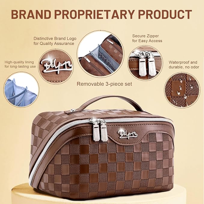 BOYATU Travel Makeup Bag Organizer: 3 Pcs Set Large Capacity Cosmetic Bags Holds 10–20 100ml Full-Size Bottles - 180°Open-Flat Make up Case 3-sec touch-up - Toiletry Bag Gift women (03-A-Coffee)