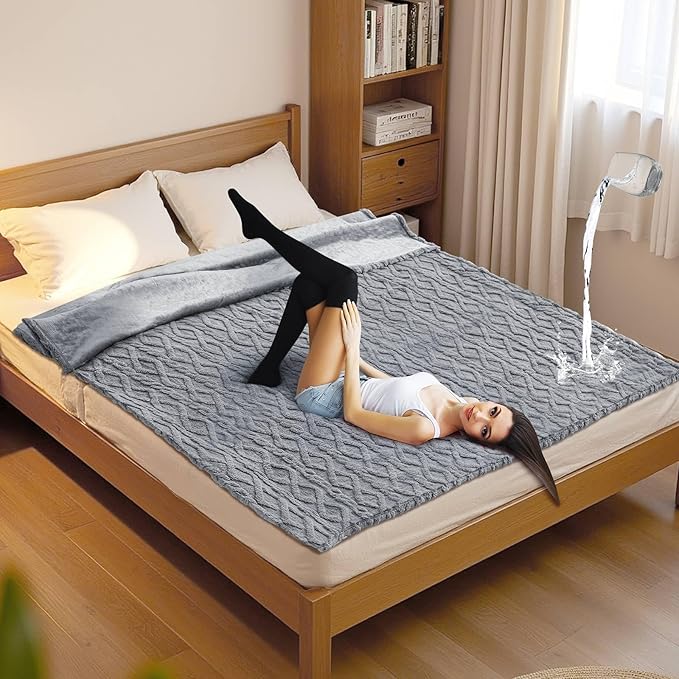 King Size Waterproof Blanket for Bed Couch, 80'' x 60'' Double Side Leakproof Reversible Sherpa Flannel Fleece 3-Layer Lightweight Blanket, Absorbs 50oz, Gray, Machine Washable