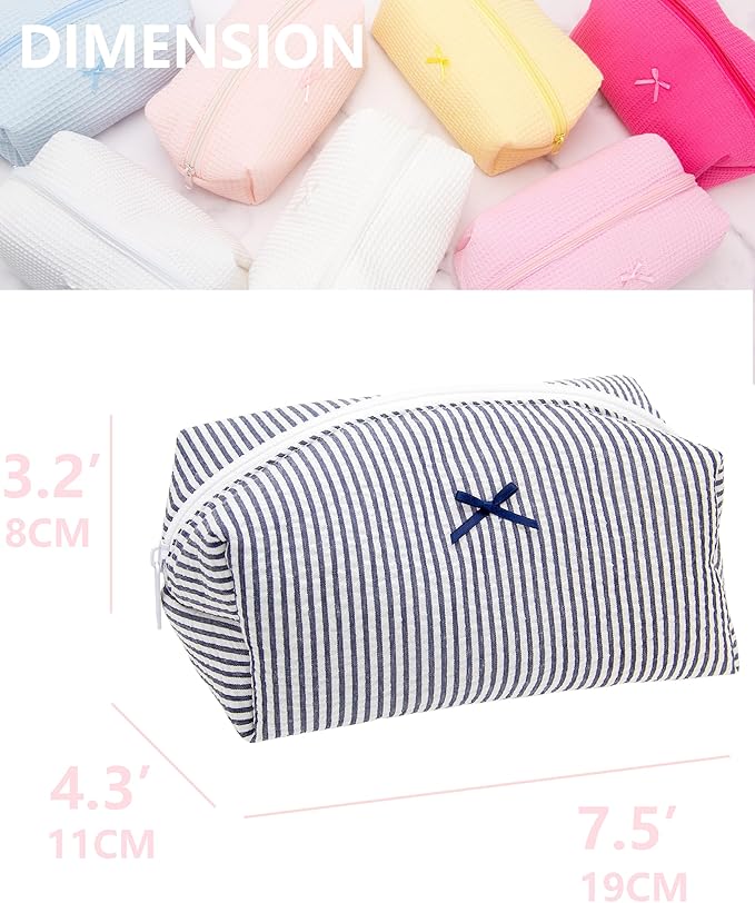 PAZIMIIK 2PCS Cozy Makeup Bag Small Aesthetic Travel Zipper Cosmetic Pouch for Women Make Up Beauty Accessories Brushes, Stripe Navy Blue