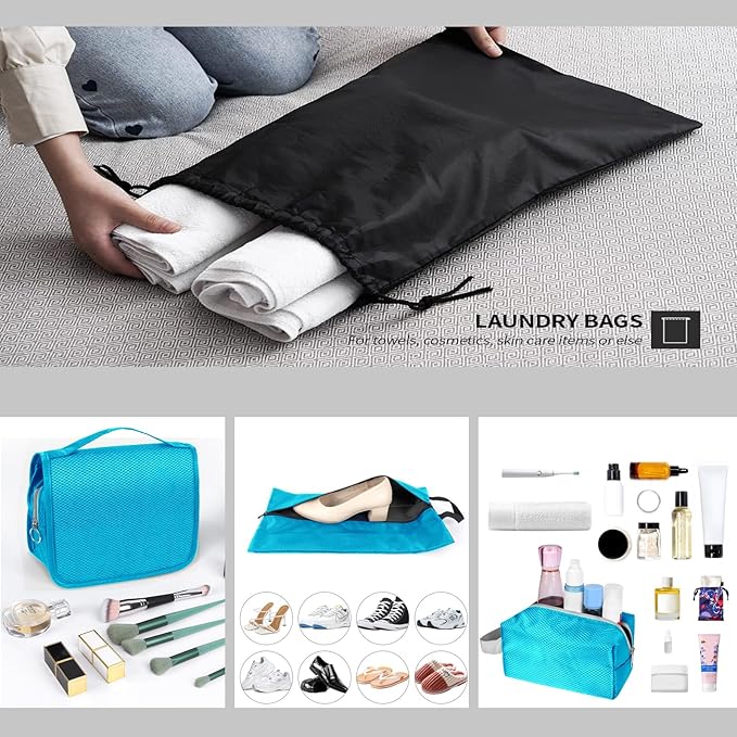 9-Set Packing Cubes with Hanging Bag | 9-Size Combination, Mesh Fabric & Reflective Stripe | Travel Luggage Organizers (sky blue)