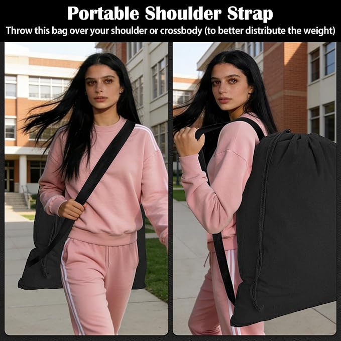 Canvas Laundry Bag with shoulder Strap 24"W x 29"H, Large Drawstring Dirty Clothes Bag Washable Laundry Sack for College Dorm, Travel, Home, Camp (Black)