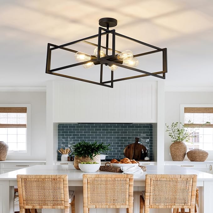 ZGLAOJT 6-Lights Close to Ceiling Light 22.83 Inch Black Light Fixture Industrial Flush Mount Ceiling Large Farmhouse Chandelier Lighting for Kitchen Island Dining Room Bedroom Foyer Hallway