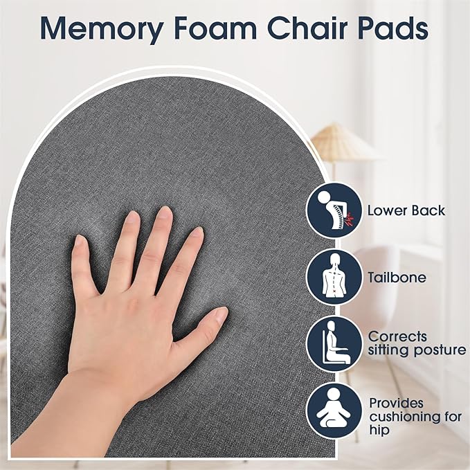 TushGuard Chair Cushions for Dining Chairs Set of 4, Soft Seat Cushions for Kitchen Chairs, Non-Slip Bottom with Ties, Comfortable Everyday Chair Pads, Grey