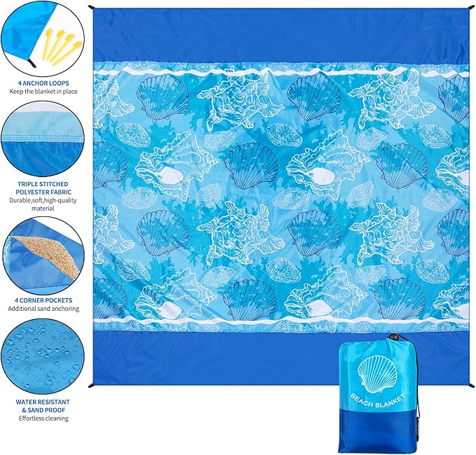 Beach Blanket Sandproof Extra Large Beach Mat Adults Waterproof Quick Drying Sand Free Mat Made by Premium Polyester with 4 Stakes & 4 Corner Pockets for Outdoor Travel Camping Hiking
