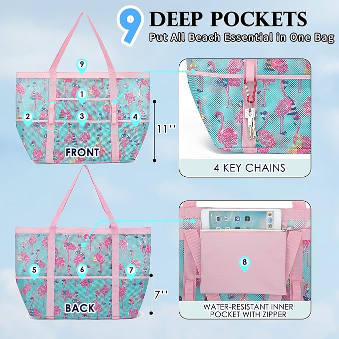 Fammart Mesh Beach Bag, Large Beach Tote with Zipper Pocket, Toys Pool Bag for Family Travel Vacation Cruise Essentials