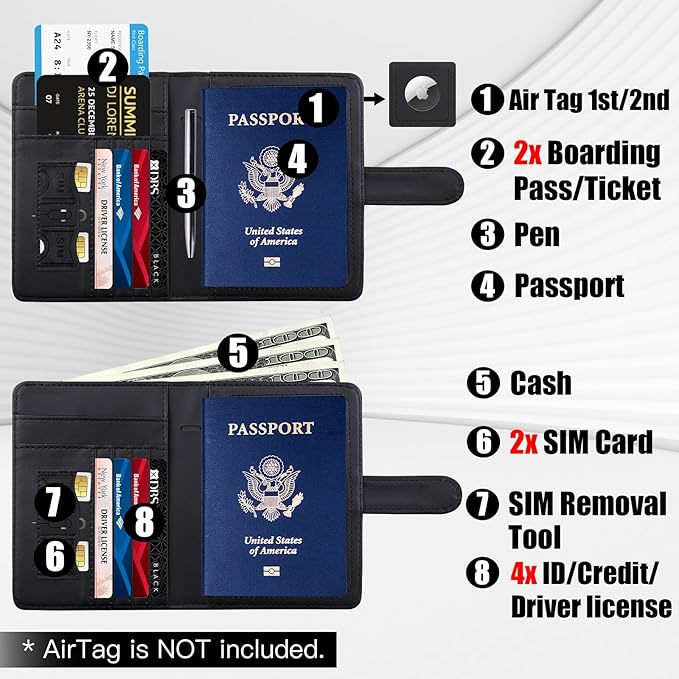 GOAUS Passport Holder for Travel with AirTag Slot Cards Cash Pocket, Faux Leather Travle Wallet Gifts for Women Men RFID Blocking Book Case Black, AirTag Not Included