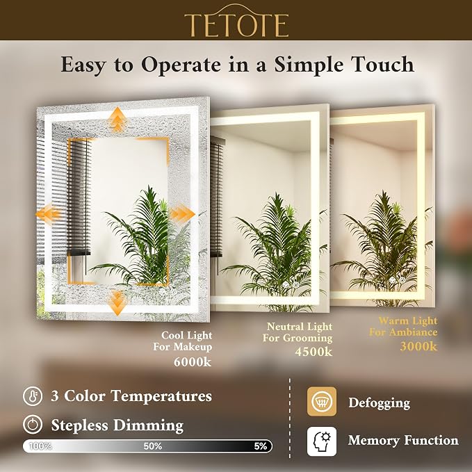 30 x 30 Inch LED Bathroom Mirror with Frontlit and Backlit, Brighter Light up Bathroom Vanity Mirror with Lights, 3-Color Dimmable Illuminated Anti Fog Mirror Wall Mounted, Waterproof