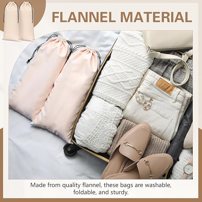 Amylove 4 Pcs Flannel Cloth Shoe Bags for Travel, 8 x 17 Inches Dust Pouch with Drawstring Closure, Washable Breathable Cotton Fabric for Luggage(Beige)