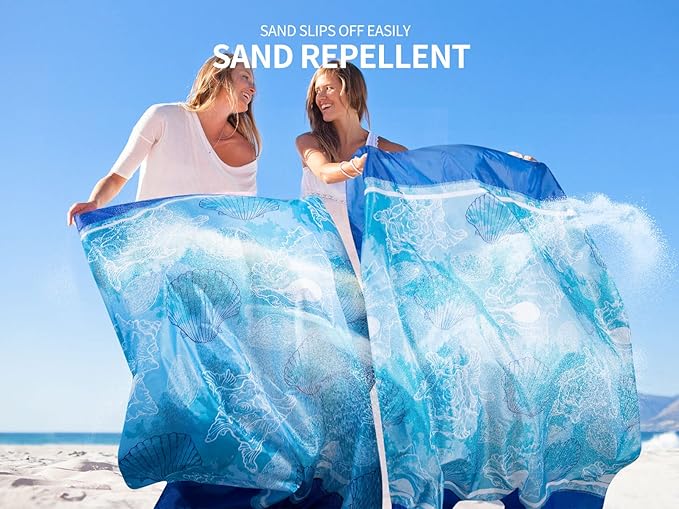 Beach Blanket Sandproof Extra Large Beach Mat Adults Waterproof Quick Drying Sand Free Mat Made by Premium Polyester with 4 Stakes & 4 Corner Pockets for Outdoor Travel Camping Hiking
