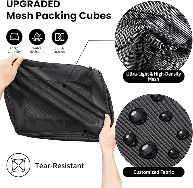 Mesh Packing Cubes for Travel, Durable Luggage Organizer with Sturdy Material and Double Zippers, Comprehensive Set for Travel Accessories Storage, 10 set, black
