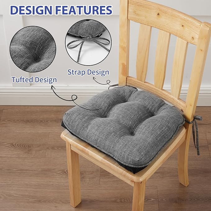 Chair Cushions for Dining Chairs Set of 2, Kitchen Chair Cushions, Chair Pads with Ties and Non Slip Backing, Tufted Memory Foam Seat Cushion 2 Pack, 15.5" x 15.5" x 4", Dark Gray