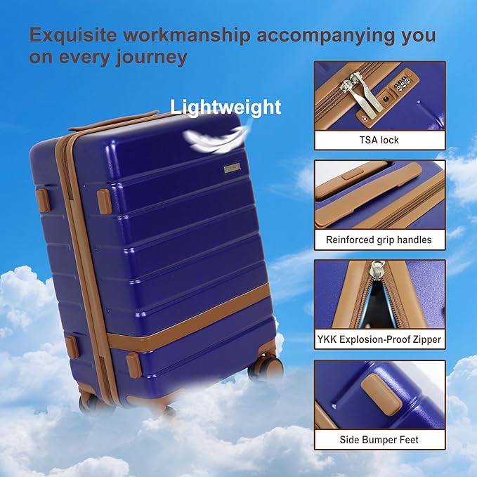 5 Piece Luggage Set 20" 24" 28" Hardshell Suitcases Lightweight PC+ABS Spinner Wheel Luggage with TSA Lock YKK Zipper for Family Vacation Business Air Travel Carry on Checked Baggage (Navy)