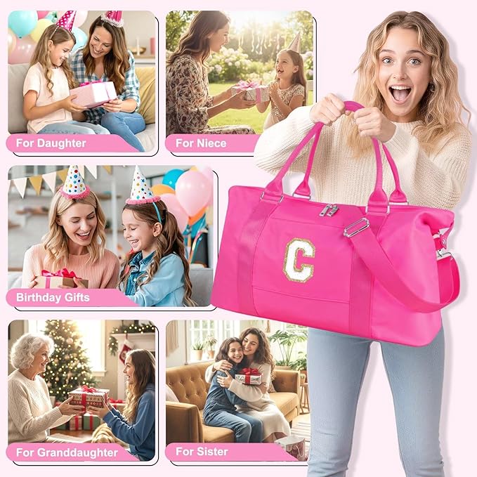 Dance Gym Duffel Bag for Teen Girls, Personalized Initial Travel Weekender Bag,Cute Overnight Carry On Duffle for Women,Sports Travel Cheer Bag,Monogram Christmas Gifts for Tween Preppy(rosered-C)