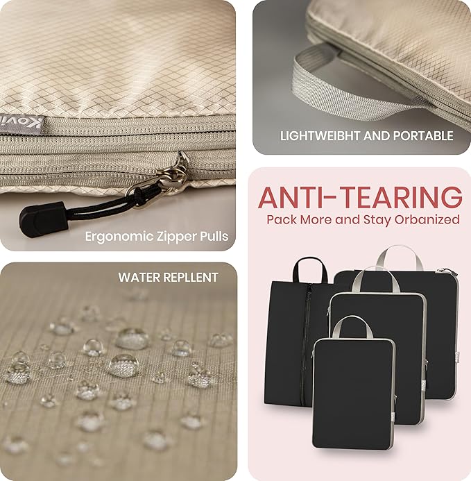 Compression Packing Cubes for Travel, Set of 4 Expandable Luggage Organizers with Shoe Bag, Lightweight Water-Resistant Suitcase Essentials for Carry-on & Checked Luggage, Black