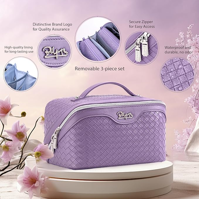 BOYATU Travel Makeup Bag Cosmetic Bags for Women: Large Capacity 3 Pcs Set Make up Bag with Compartments - Waterproof Vegan Leather Toiletry Organizer Bags with Handle (L01 Purple)