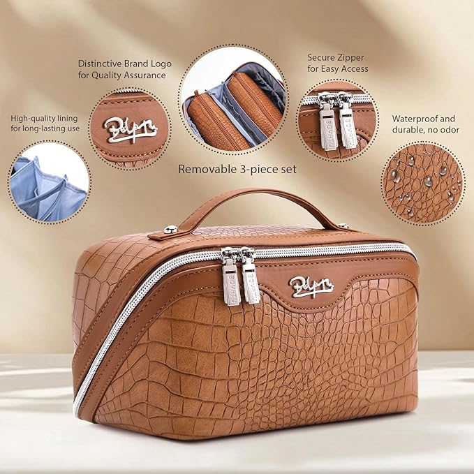 BOYATU Travel Makeup Bag Cosmetic Bags for Women: 3 Pcs Set Large Capacity Make up Bag with Handle - Crocodile Pattern Vegan Leather Toiletry Bags Travel Essentials with Compartments(E-2-Brown)