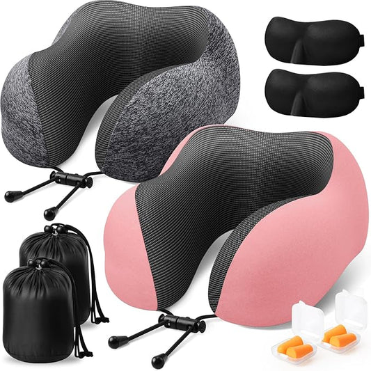 Travel Pillow, 2 Pack Travel Pillows for Sleeping Airplane, Neck Pillow Airplane, Memory Foam Neck Pillow Set with Eye Mask, Earplugs and Storage Bag -Grey & Pink