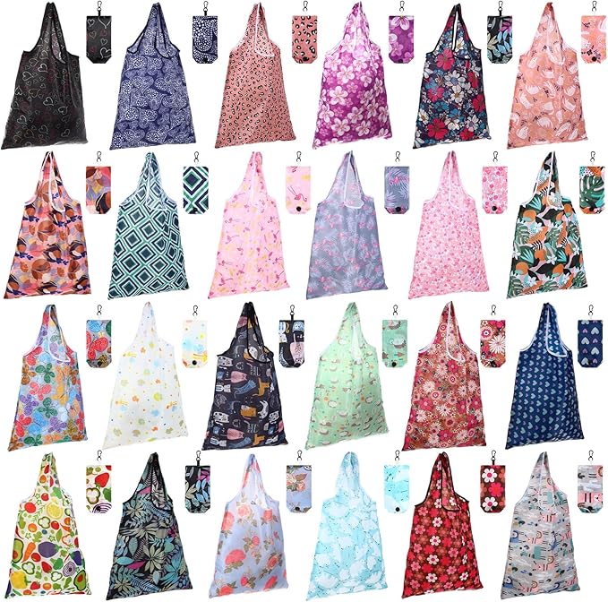 Paterr 24 Pcs Foldable Reusable Shopping Bag Recycle Travel Grocery Bag Fold to Pocket Tote Bulk for Daily Supplies Load