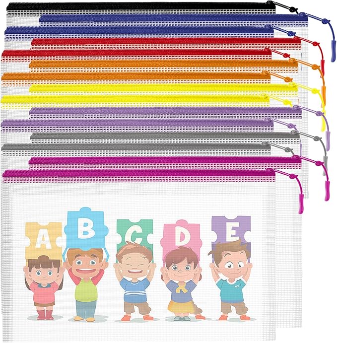 15PCS Mesh Zipper Pouch Bags File Storage Bags, A4 11x9 Inches Reusable Clear Zipper Pouches for Travel and Classroom Board Game Organization