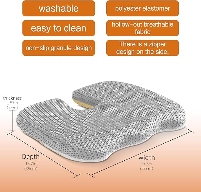 Air Fiber Seat Cushion for Office Chair, Breathable U-Shape Tailbone Relief Cushion for Desk Chair, Washable Ergonomic Chair Pad for Driving & Gaming, Cooling Mesh Back Support(Grey, 15.7″*19.7″)