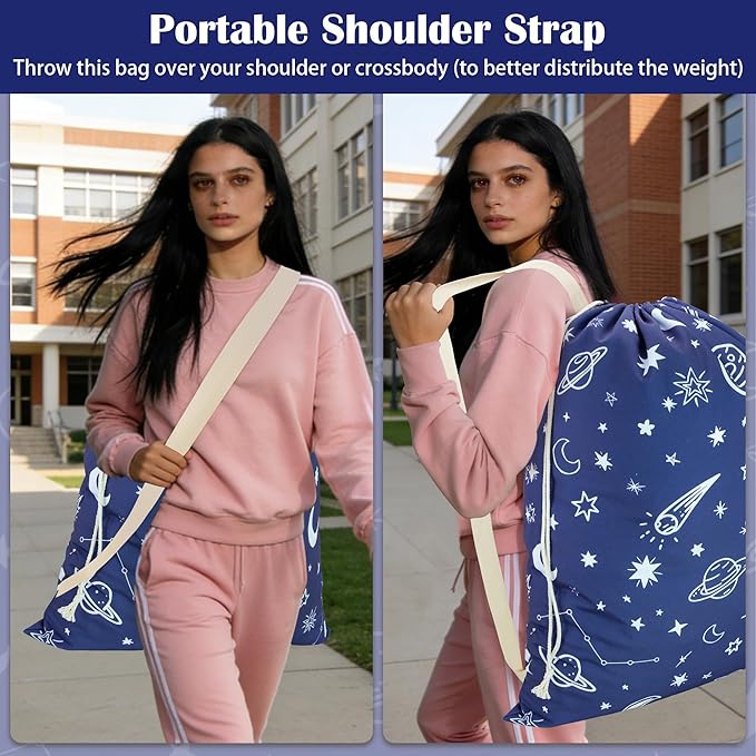 Canvas Laundry Bag with shoulder Strap 24"W x 29"H, Large Drawstring Dirty Clothes Bag Washable Laundry Sack for College Dorm, Travel, Home, Camp (Space)