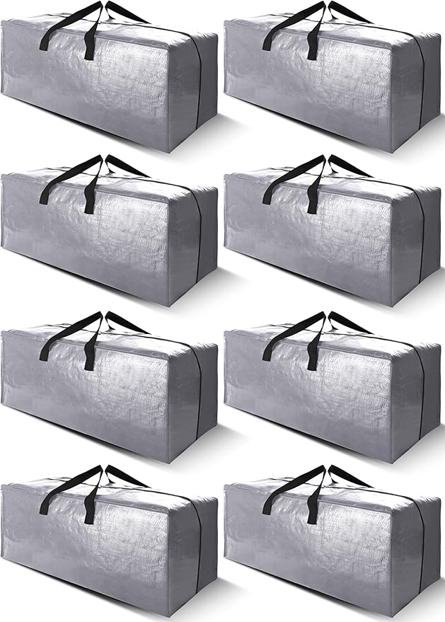 Cosy Family 8 Pack Heavy Duty Extra Large Moving Bags with Backpack Straps - Strong Handles & Zippers, Storage Totes For Space Saving, Fold Flat, Alternative to Moving Box (40 gal, Silver)