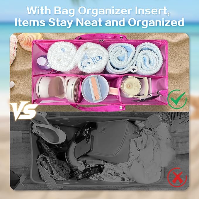 XYFuuee Beach Bag Organizer Inserts for Original Large Bogg Bag Accessories with 8 Removable Metal Fasteners, Lightweight Mesh Insert Divider Pouch, Organizing Rubber Tote, Save Space, Hot Pink XL