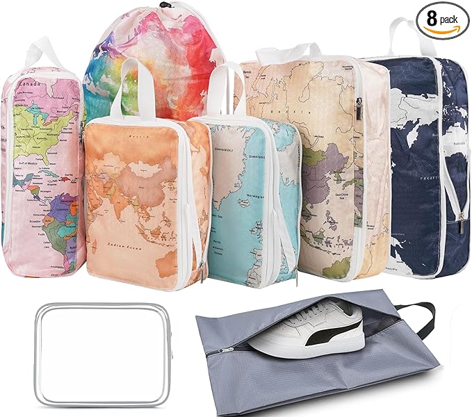 8 Pcs Compression Packing Cubes Travel for Suitcases, Waterproof Luggage Organizer Washable Storage Bags Set for Backpack Travel- Packaging Cubes for Carry-Ons and Storage