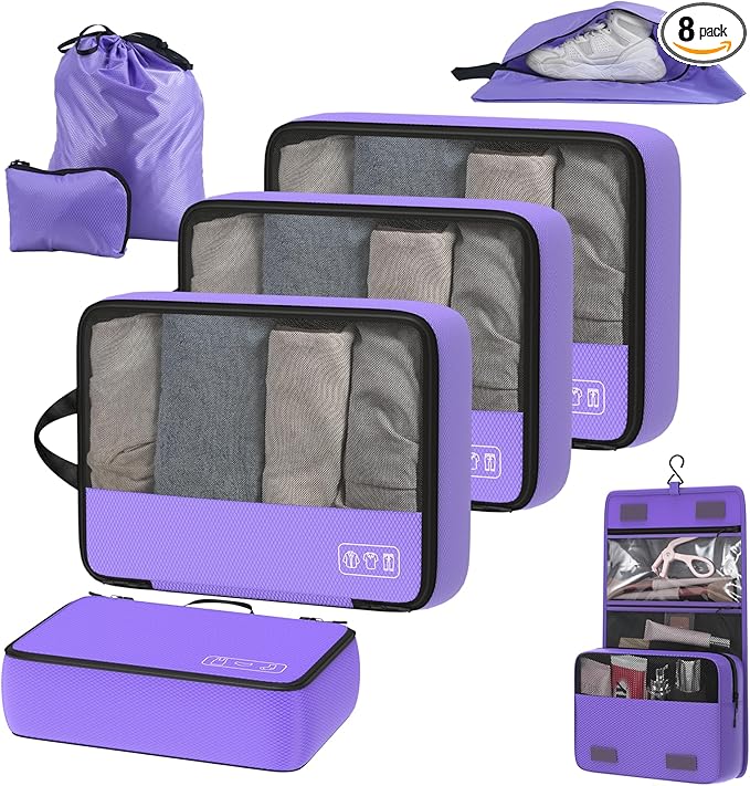 8-Piece Compression Packing Cubes for Travel, Elegant Ultralight Luggage Organizer Set for Women, Space Saving for Carry-On, Suitcase & Vacation Cruise Travel - Purple
