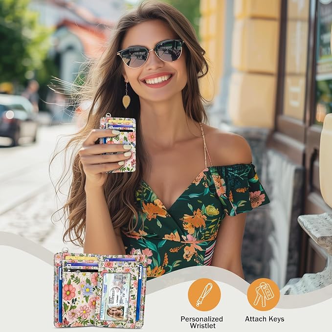 Yonlevres Credit Card Holder Slim Wallet, Floral RFID Wallet Women Front Pocket Small Card Holder, Travel Cute Thin with ID Window PU Leather RFID Blocking Case Organizer Gift Girls Ladies