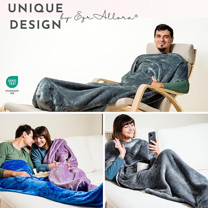 Premium Double Layer Foot Pocket Blanket -Patent Pending- Gamer Gift for Men Who Have Everything - Useful Gifts for Men Who Wants Nothing (Double Layer, Silver Grey)