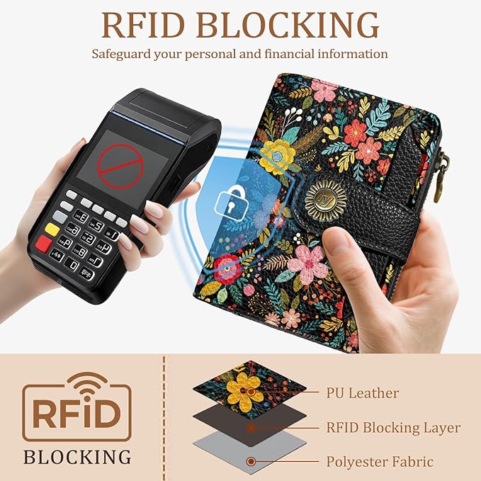 Icycay Floral Flowers Small Wallet Women RFID Blocking Bifold, Credit Card Holder, Zipper Coin Pocket, PU Leather, Compact, Travel, 4 ID Window, 14 Card Slots, Cash Purse, Ladies Woman Female Girls