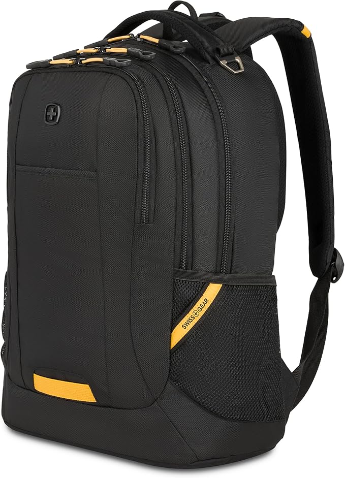 SWISSGEAR Cecil 18-Inch Laptop Backpack Fits 16-Inch Laptop, Travel Daypack with Organizer Pockets, Water Bottle Holders & Padded Straps – Black/Gold
