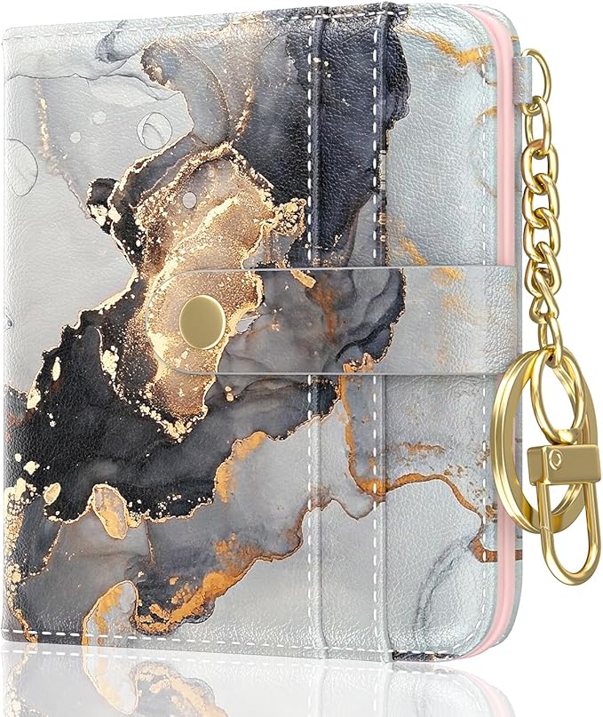 Aiawoxc Womens Wallet, RFID Small Wallets for Women, Slim Compact Credit Card Holder, Cute Leather Bifold Ladies Purse with Zipper Coin Pocket and ID Window, Black Gold Marble
