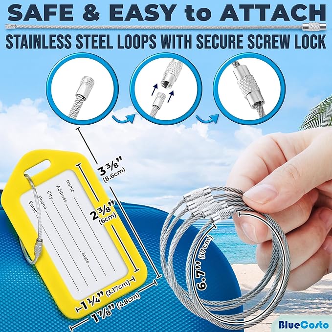 BlueCosto - Luggage Tags - Yellow, 10 Pack - Suitcase Tags with Name ID Card & Heavy-Duty Metal Wire Loops - Bright Colored PVC Identifiers for Travel Baggage - Backpack Name Labels