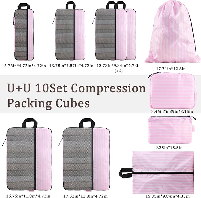 U+U 10 Set Compression Packing Cubes - Ultralight Pink Stripe Travel Organizers with Laundry Bag, Space-Saving Suitcase Organizer, Expandable Packing Cubes for Travel and Family Vacation (Pink Stripe)