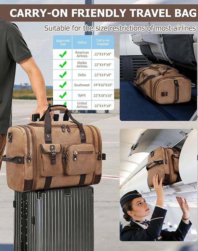Canvas Duffle Bag for Travel, 55L Weekender Overnight Bag for Men & Women, Vintage Carry on Bags for Airplanes