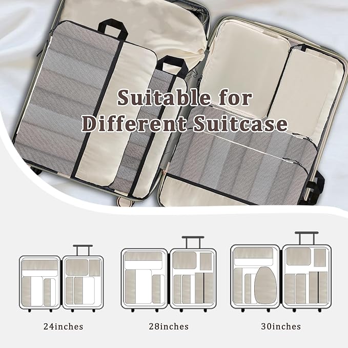 U+U 10 Set Compression Packing Cubes - Ultralight Cream Travel Organizers with Laundry Bag, Space-Saving Suitcase Organizer, Expandable Packing Cubes for Travel and Family Vacation (Cream)