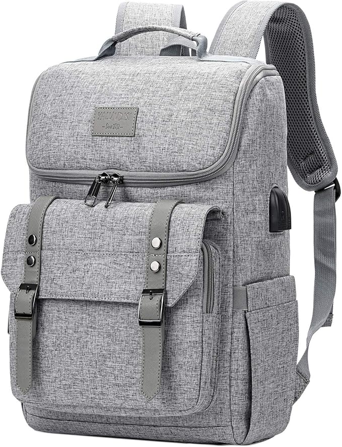 YALUNDISI Vintage Backpack Travel Laptop Backpack with usb Charging Port for Women & Men College Backpack Fits 15.6 Inch Laptop Grey