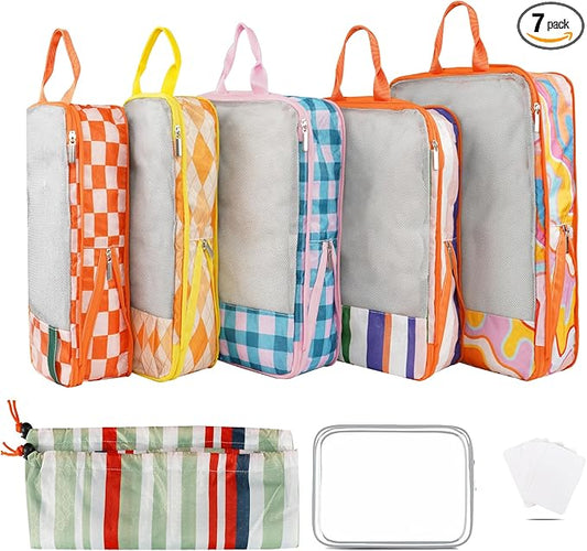 7 Pcs Compression Packing Cubes for Travel Luggage, Lightweight Suitcase Organizer Bags Set, Compression Packaging Cube for Travel Essentials, Packing Cubes for Carry on Suitcase