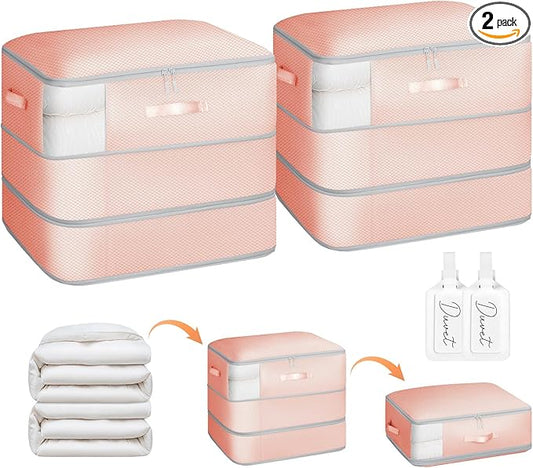 2 Pack Compression Storage Bags - 110L Large Capacity Comforter Storage Bag, 3-Layer Washable Ultra Space Saving Self Compression Organizer Space Bags for Blankets, Sweaters, Sheets, Pink