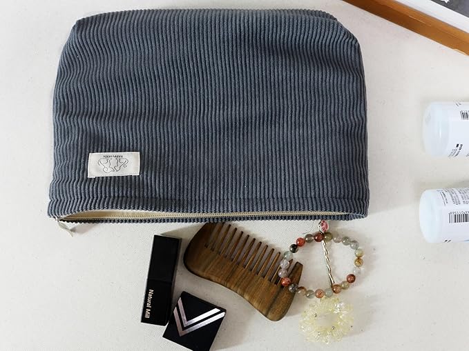 HAPPYHEIDI Corduroy Makeup Bag with Pocket Cute Cosmetic Toiletry Travel Pouch, Soft Fabric, Vintage Classic Gray, Lightweight, Canvas Lined