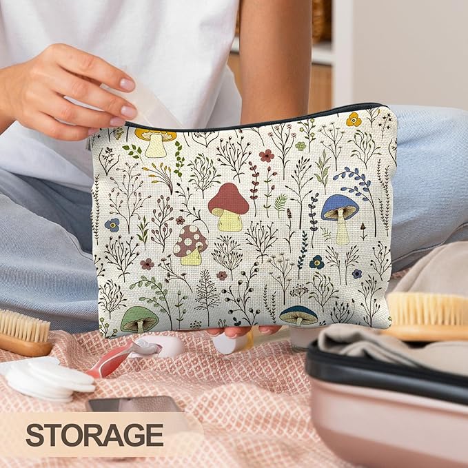Vintage Colorful Mushroom Makeup Bag, Gifts for Women Lovers, Floral Cosmetic Toiletry Bag, Accessories and Stuff