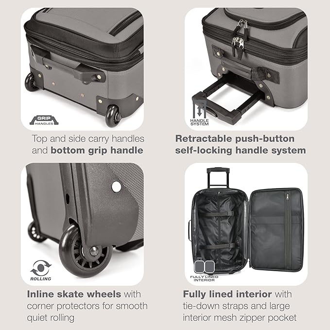 U.S. Traveler Rio Lightweight Softside Rolling Carry-on Suitcase, 2-Wheel Set, Grey